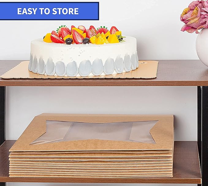 (15 Pack) Cake Boxes with Cake Boards INCLUDED – Easy-Assembly, 14 x 10 x 4 Inch, Dessert Boxes with Window, Stickers – Store & Sell Cakes, Cupcakes, Muffins, & Donuts in Bakery Boxes