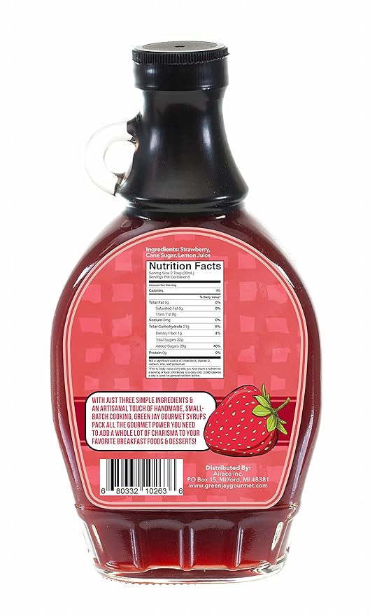 Green Jay Gourmet Strawberry Syrup - 3 Ingredient Premium Breakfast Syrup with Fresh Strawberries, Cane Sugar & Lemon Juice - All-Natural, Non-GMO Pancake Syrup, Waffle Syrup & Dessert Syrup - 8 Ounce