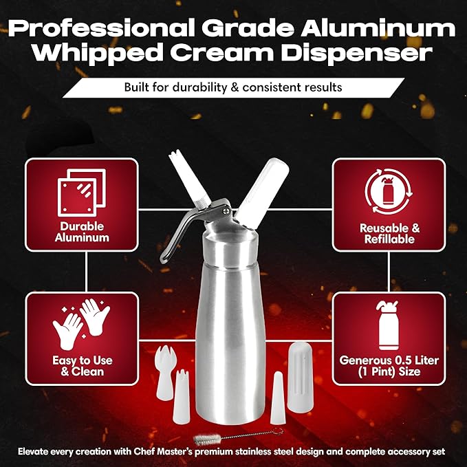 Chef Master (1 Pint / 0.5 Liter) Aluminum Whipped Cream Dispenser - Decorating Tips for Desserts, Coffee, Latte + Cleaning Brush - Whip Cream Dispenser Canister for Home, Bakery or Restaurant - 90076