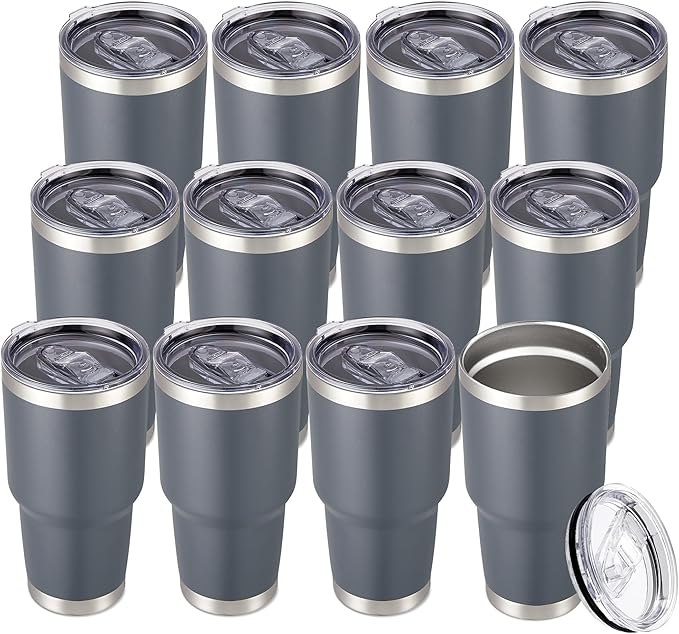 30 oz Tumbler with Lid Stainless Steel Tumblers Bulk Vacuum Insulated Cup Reusable Powder Coated Travel Mug Double Wall Leak Proof Cups Keep Cold Drinks for 12 Hours Gray, Set of 12
