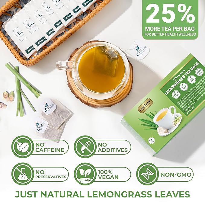 LeafLea 80 Premium Lemongrass Tea Bags, Natural Herbal Lemongrass Leaves, Te de Limoncillo for Digestion Support, Light & Soothing Taste, Caffeine-Free, Sugar-Free, Vegan, Individually Wrapped