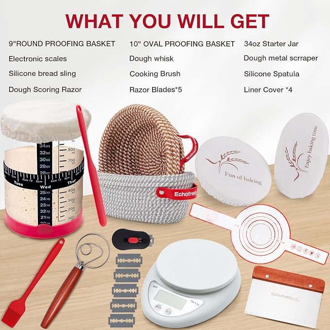 Complete Sourdough Starter Kit with 34oz Glass Jar, Digital Scale, 2 Banneton Baskets & Essential Tools | All-in-One Sourdough Bread Baking Supplies for Beginners & Pros