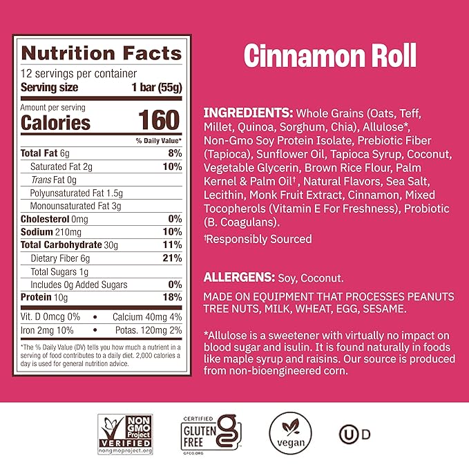 Munk Pack Cinnamon Roll Probiotic Protein Bars | 10g Plant Protein, 1g Sugar, 6g Fiber | Diabetic-Friendly Ideal Breakfast Bars - On-the-Go Snacks, Gluten-Free, Non-GMO | 12 Count