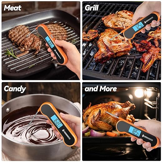 0.5 Sec Instant Read Meat Thermometer Digital with ±0.5℉ Precision, 100% Waterproof Auto Flip Bright LCD Screen, Motion Sensing Food Thermometer for Cooking Kitchen Oven Grill Candy BBQ, Orange