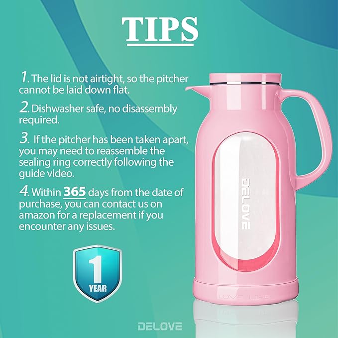 Delove 68 oz/2 Liter Glass Pitcher with Shatterproof Shell - Heat Resistant Glass Liner - Stainless Steel Lid - Carafe & Jug for Iced Tea,Hot/Cold Water,Homemade Juice Beverages (Pink)