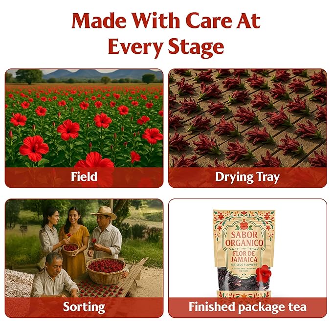 1lb Dried Hibiscus Flowers perfect for Tea and Mexican Agua de Jamaica | Flor de Jamaica Organica Natural | Flor de Jamaica Non-GMO, No Preservatives Resealable Stand-up pouches | by Sabor Orgánico