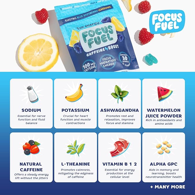 FocusFuel Energy Chews – Blue Razzberry Lemonade (15 Servings) – 100mg Caffeine + Alpha GPC + L-Theanine + B12, Magnesium – Great Taste – No Crash or Jitters
