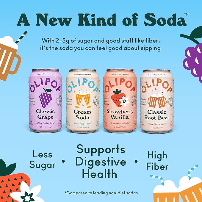 OLIPOP Prebiotic Soda Pop, Favorites Variety, Pantry Pack Packed with Prebiotics, Fiber, and Botanicals, Gluten Free, Vegan, GMO Free, 12oz (12-Cans)