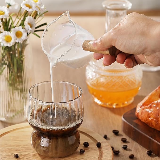 2 Pack Measuring Cups, Espresso Shot Glass with Wood Handle, Clear Glass with Dual Scale, Espresso Accessories with Double Spouts, 2.5 OZ /75 ML