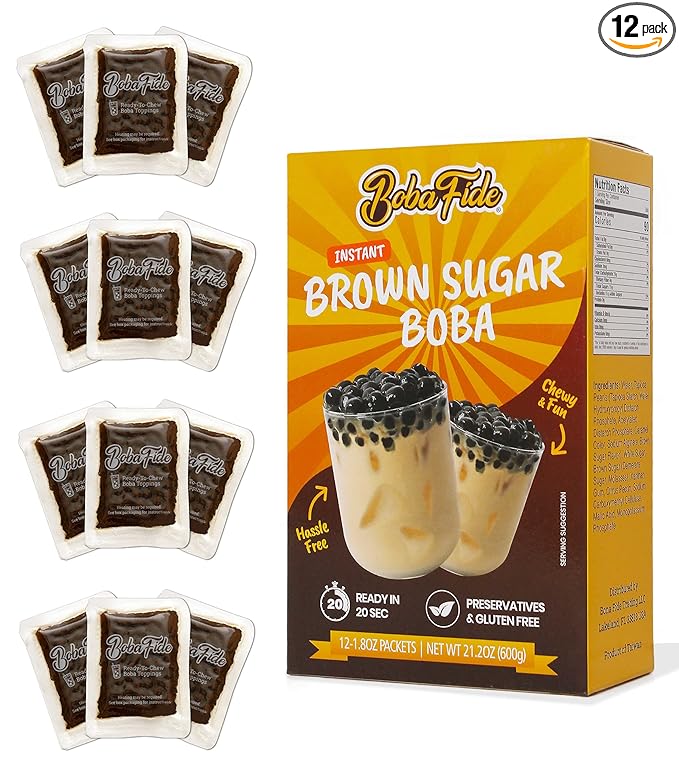 BOBA FIDE Instant Brown Sugar Boba Tapioca Pearls, 12 Packets of Microwavable Black Tapioca Pearls for Boba Bubble Tea, Ready in 25 Seconds, No Corn Syrup, Preservatives & Gluten Free, Vegan