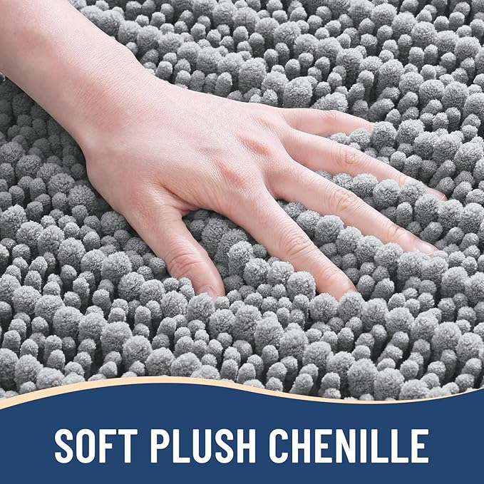 Arotive Luxury Chenille Bathroom Rug Mat, Extra Soft Thick Absorbent Shaggy Bath Rugs, Non-Slip Machine Wash Dry, Plush Bath Mats for Bathroom, Shower and Tub, 54x24, Light Grey