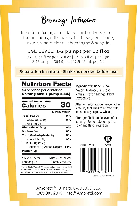 Amoretti - Spicy Mango Beverage Infusion, 94 Servings Per Bottle (750 ml) - Drink Mix & Water Enhancer with Pump for Flavoring Cocktails, Waters, Teas, and other Beverages, Preservative Free