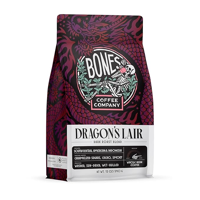 Bones Coffee Company Dragon's Lair, Smokey, Cacao and Caramelized Sugar Notes, Unflavored Coffee, Medium Roast Low Acid Arabica Beans Compatible with Auto drip and French Press Coffee Maker, 12 Oz Whole Bean