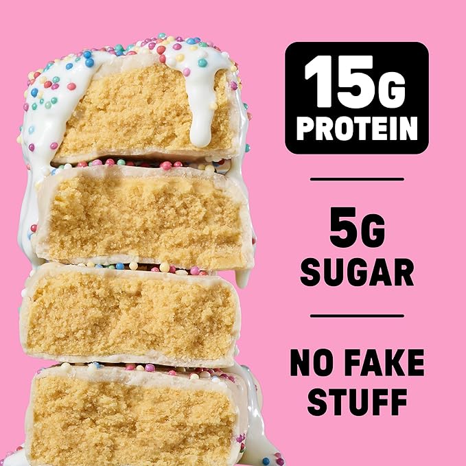 JUNKLESS Protein Bars - Birthday Cake - 15g Protein, Low Sugar, Gluten Free, High Fiber, Delicious Taste and Texture, Satisfying, Healthy Snack for Energy - 12 Bars