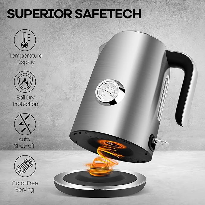 Pukomc Electric Kettle,1.7L Stainless Steel Electric tea kettle with Temperature Gauge, Fast Boiling, Auto Shut - off, BPA - Free, Boil - Dry Protection, (Silver)