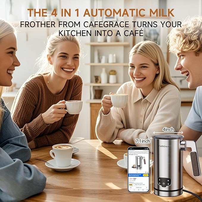 Milk Frother, 4-in-1 Milk Frother and Steamer, Automatic Hot and Cold Foam Maker and Milk Steamer for Coffee, Latte, Cappuccino, Macchiato, Hot Chocolate, Matcha