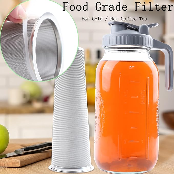 Cold Brew Mason Jar Iced Coffee Maker 64 Oz Wide Mouth Jar Cold Brew Pitcher With Coffee Filter Food Grade Airtight & Leak-Proof Pitcher 2 Quart