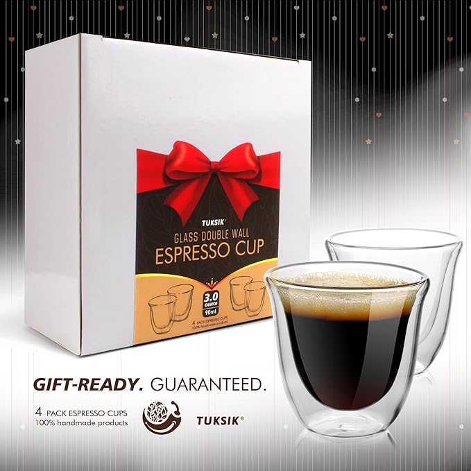 Double Wall Insulated Espresso Cups Set of 4-3oz Borosilicate Glass, Heat & Thermal Shock Resistant, Keeps Hands Cool, for Home, Cafe, Gift