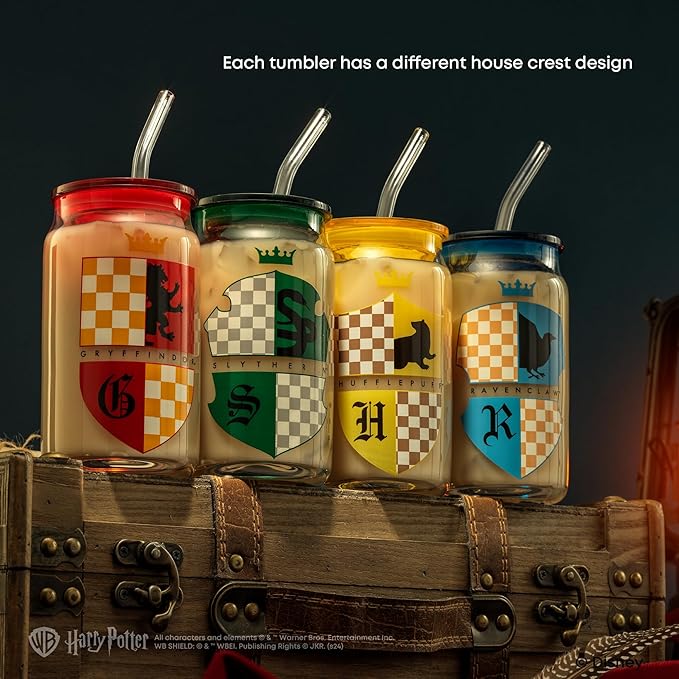JoyJolt Harry Potter House Crests Glass Tumblers with Lids and Straws, 16oz Glass Cups with Lids and Straws, Can Shaped Drinking Glasses Set of 4, Hogwarts Cup, Harry Potter Merchandise