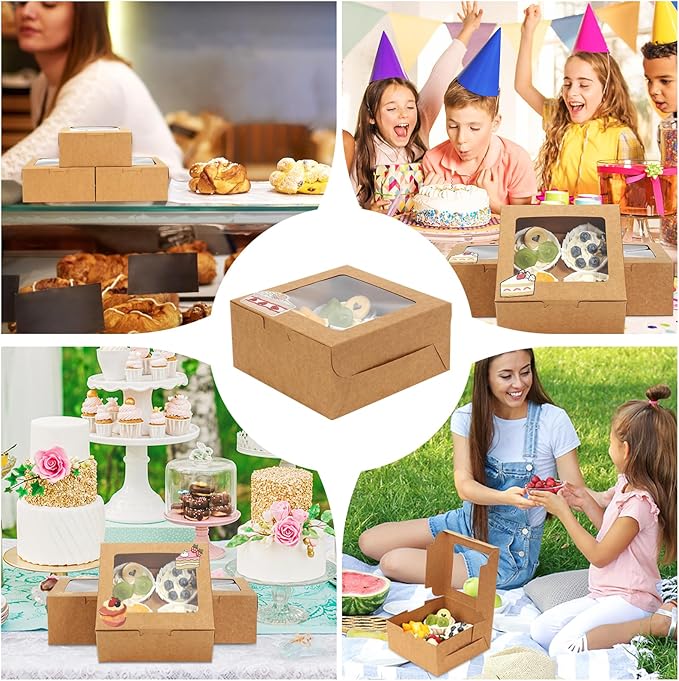 OAMCEG 80 Pack Cookie Boxes with Window, 6x6x3 Inches Brown Bakery Treat Boxes with Stickers & Twine for Pastry, Desserts, Strawberries, Cupcakes, Gift Giving