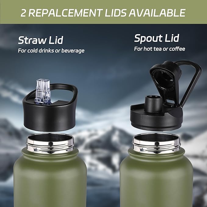 HASLE OUTFITTERS 40oz Stainless Steel Water Bottle, Vacuum Insulated Double Walled Leak Proof Sports Water Bottle with 2 Lids (Straw and Spout Lid) Thermo Mug Keep Cold and Hot(Army Green,4)