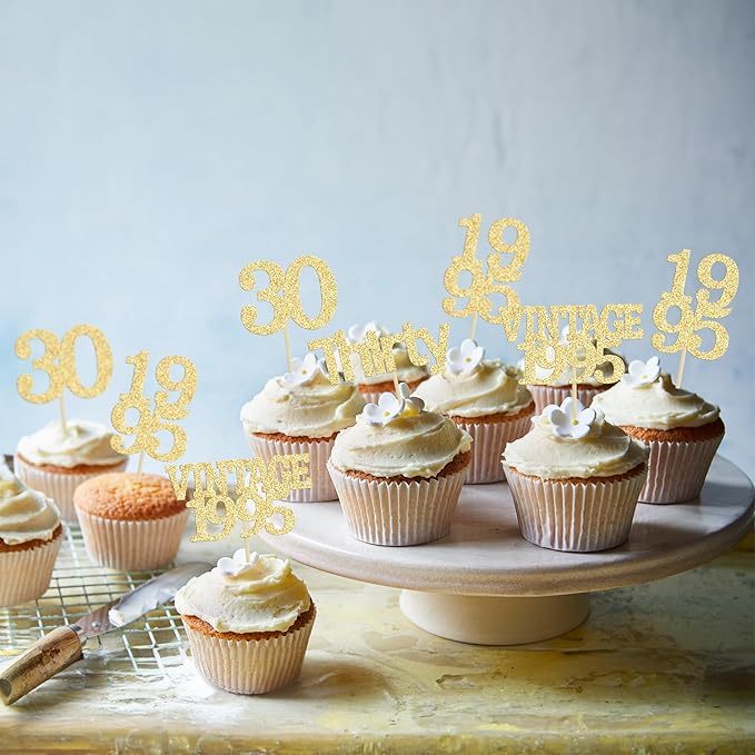 Gyufise 24Pcs Happy 30th Birthday Cupcake Toppers Glitter Thirty 30 Fabulous Vintage 1995 Cupcake Picks for 30th Birthday Wedding Anniversary Party Cake Decorations Supplies Gold