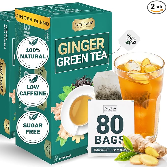 LeafLea Green Tea with Ginger, 80 Tea Bags (2 Packs), Natural Green Tea with Ginger Root, Lightly Sweetened with Stevia, Supports Digestion and Immunity, Low Caffeine, Non-GMO, Gluten-Free