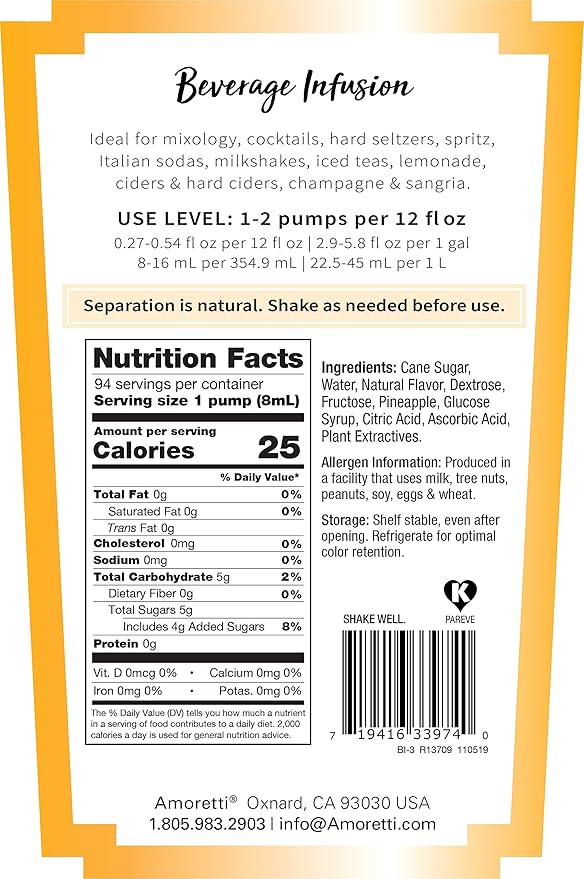 Amoretti - Spicy Pineapple Beverage Infusion - Drink Mix & Water Enhancer with Pump for Flavoring Cocktails, Waters, Teas, and other Beverages, Preservative Free