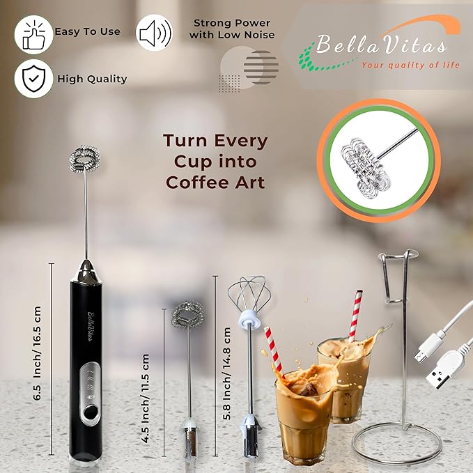 Rechargeable Handheld Milk Frother, Coffee Frother Wand with Stand and 2 Stainless Steel Whisks, Portable Mixer and Foamer, 3 Speed Whisk for Latte, Cappuccino, Matcha, Cocoa, Eggs, Black-1