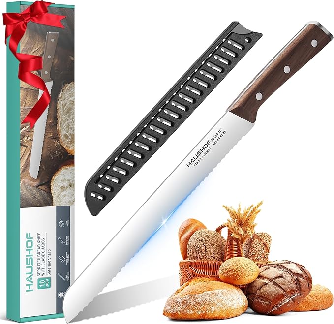 HAUSHOF Bread Knife with Sheath, 10-Inch Serrated Bread Knife for Homemade Bread, 5CR15M0V Premium Stainless Steel Bread Cutter with Gift Box for Mom Dad, Full Tang and Ergonomic Handle