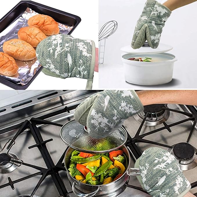 Mini Silicone Oven Mitts, Heat and Slip Resistant Kitchen Gloves 2-Pack Set, Birds Flower Soft Short Oven Mittens, Flexible Thick Pot Holders for Safe Cooking Baking and Grilling (Mini, Aqua)