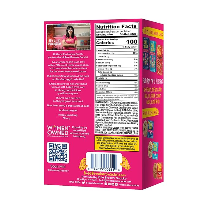 Rule Breaker Vegan & Gluten Free Cookies | Chocolate Brownie Big Box of Bites | Plant-Based, Top 11 Allergen-Free | Soft-Baked, Great for School, Office, Pantry | Better-For-You Bites (Pack of 6)