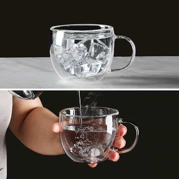 CNGLASS Double Wall Glass Cappuccino Mugs 8.1oz,Clear Insulated Glass Coffee Mug with Handle for Espresso,Latte,Tea,Set of 2