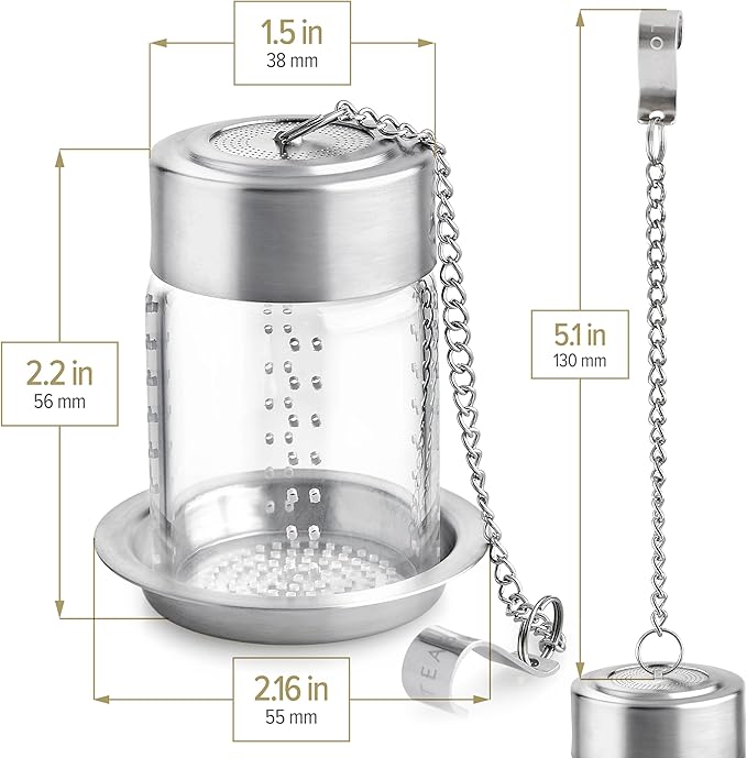 Teabloom Puresteep Glass Tea Infuser with Lid & Drip Tray – Borosilicate Glass Loose Leaf Steeper with Stainless Steel Chain – Non-Toxic – Small or Large Size