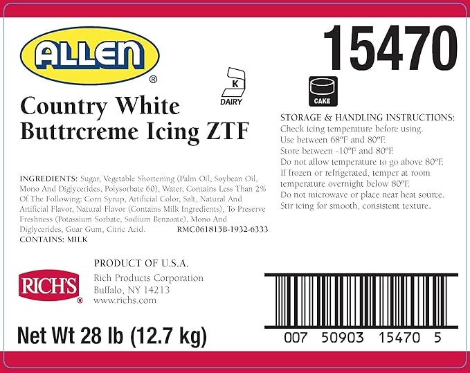 Rich's Allen Country White Buttercream Icing ZTF, 28 Pound (Pack of 1)