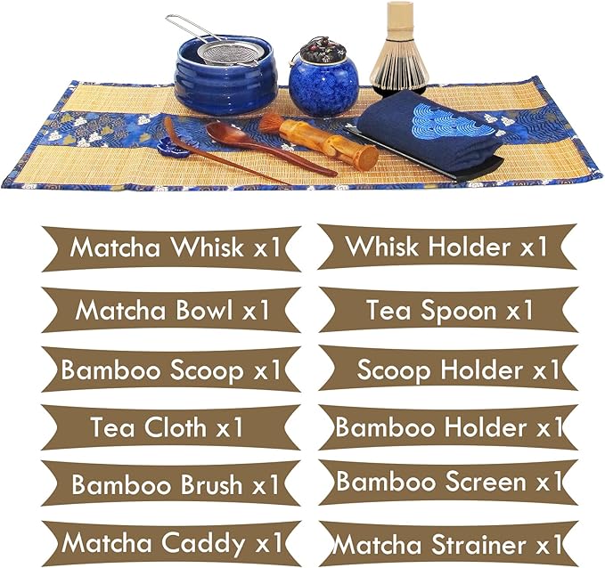 Artcome 12Pcs Japanese Matcha Tea Set - Bowl, Bamboo Whisk, Holder, Brush and Screen - Handmade Ceremony Kit for Traditional Tea Ceremony