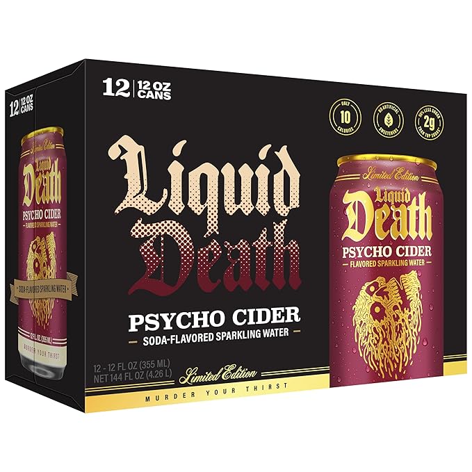 Liquid Death, Psycho Cider, Apple Cider-Flavored Sparkling Water, 12-Pack (12oz Cans), Low Sugar, Huge Flavor & No Artificial Sweeteners