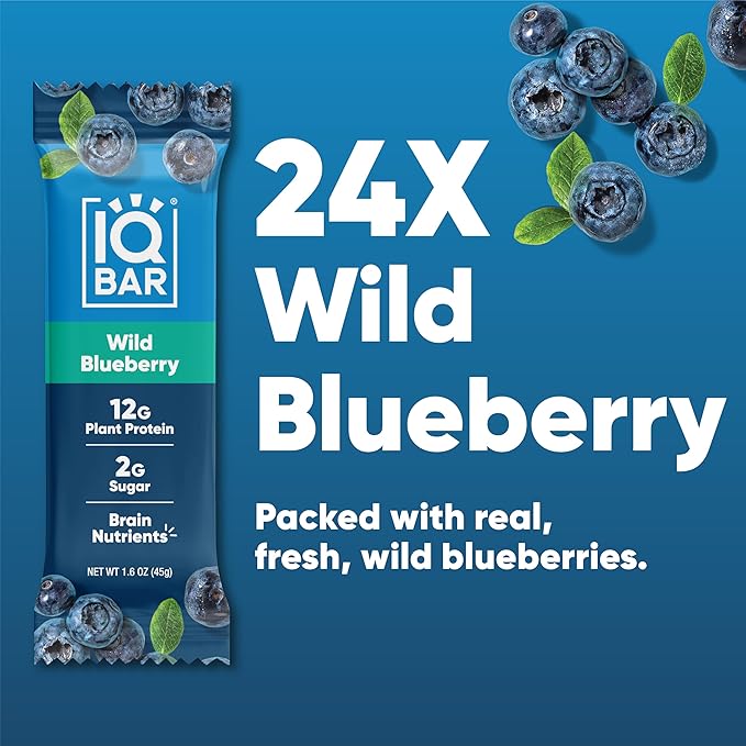 IQBAR Brain and Body Plant Protein Bars - Wild Blueberry - 24-Count - Keto, Vegan, Low Carb, High Fiber, Gluten Free, Dairy Free, Low Sugar Snack with Nutrients for Focus, Energy, Meal Replacement