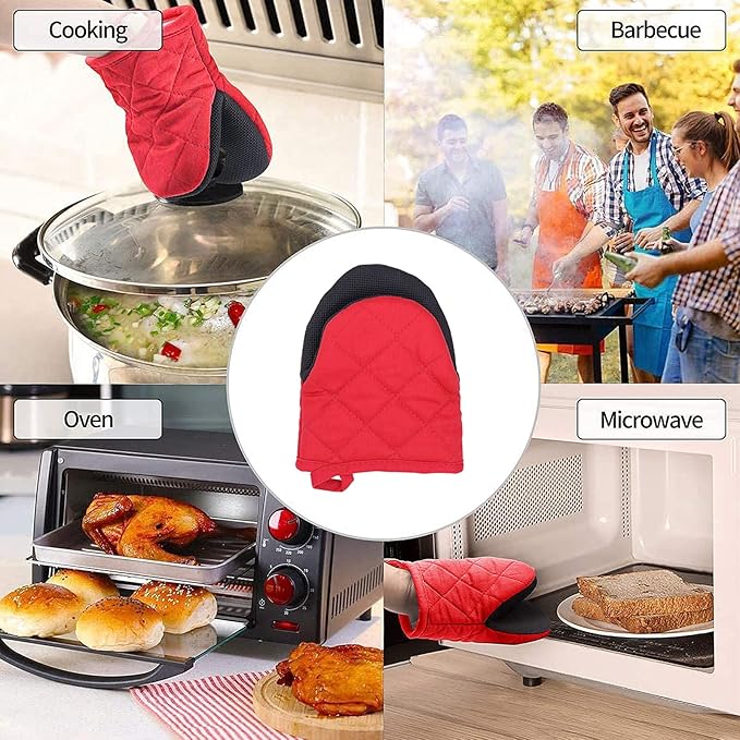 1 Pair Short Oven Mitts, Heat Resistant Silicone Kitchen Mini Oven Mitts for 500 Degrees, Non-Slip Grip Surfaces and Hanging Loop Gloves, Baking Grilling Barbecue Microwave Machine Washable