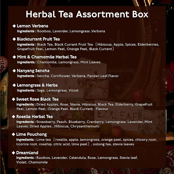 EZR Leaf Herbal & Fruit Tea Sampler Gift Box – 22 Pyramid Tea Bags with 9 Fruit & Floral Blends – Low & Caffeine Free Assortment for Relaxing Tea Lovers Lemon Verbena x3, Lemongrass & Herbs x2, Dreamland x2, Lime Pouchong x3, Nanyang Sencha x2, Blackcu...