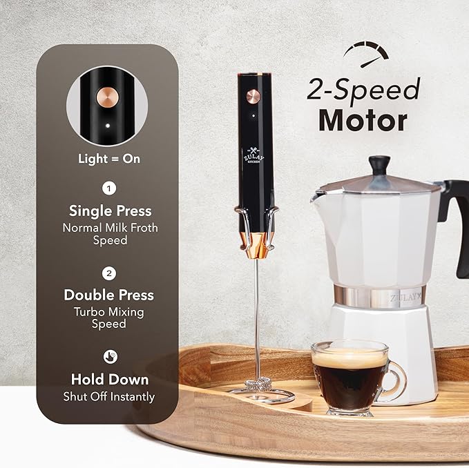 Zulay Kitchen Lux Rechargeable Milk Frother Handheld, 4 Included Whisks - Powerful 2-Speed Motor, Fully Waterproof, 2000mAh Battery - Drink Mixer For Latte, Cappuccino, Matcha, Protein Powder