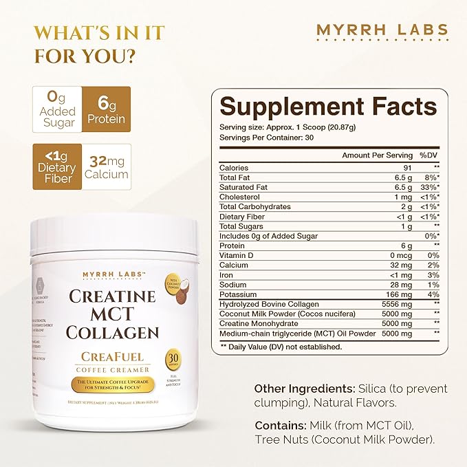 CreaFuel Creatine Collagen MCT Coconut Coffee Creamer Powder Sugar Free Keto and Paleo Friendly Supplement for Muscle Energy Brain Health Skin and Joint Support 30 Servings