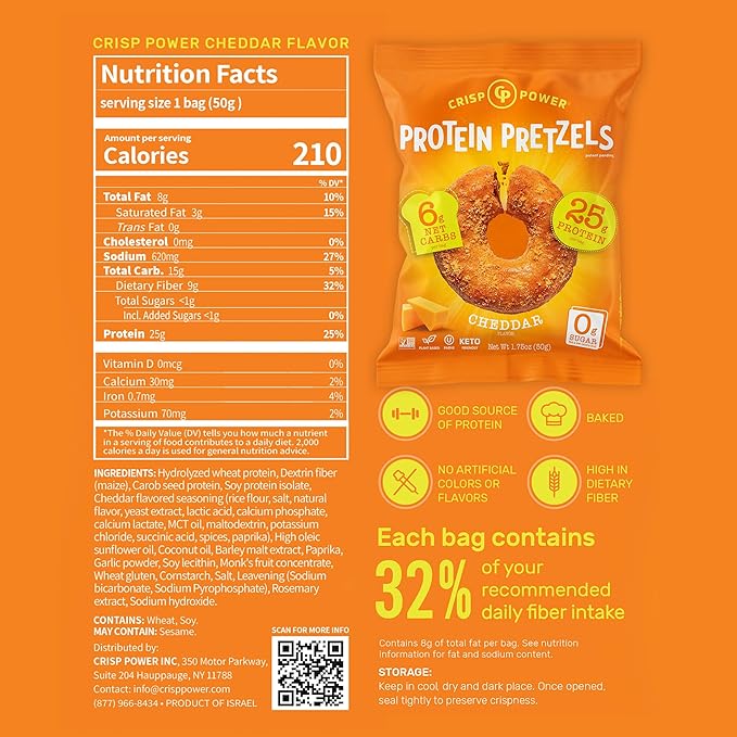 Crisp Power Protein Pretzels, NEW Cheddar, High Protein Vegan Keto Snack, 25 G Plant Based Protein, Low Carb Crunchy Pretzel Snacks, No Added Sugar, No Seed Oils, 1.75 oz Bags, 6 Pack