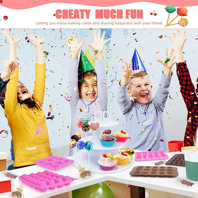 Cake Pop Maker Kit 618Pcs with 5 Silicone Mold Sets - 3 Tier Display Stand, Chocolate Candy Melting Pot,Piping Tips and Coupler, Measuring Cup, Muffin Cupcakes, Decorating Pen, Lollipop Sticks