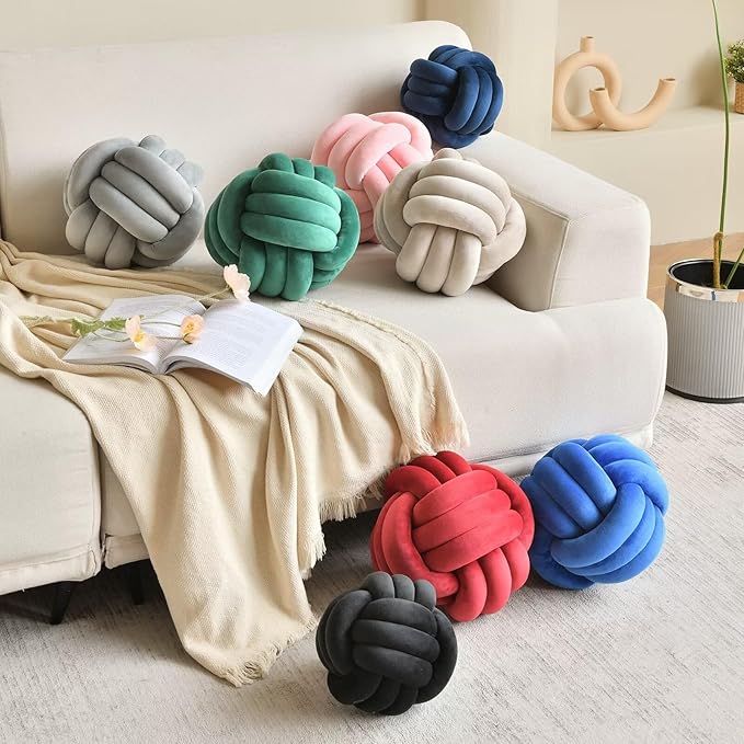 Decorative Throw Knot Pillow Ball for Home Chair Sofa Aesthetic Round Velvet Knotted Pillow Cushion (Light Grey, 8 inches)
