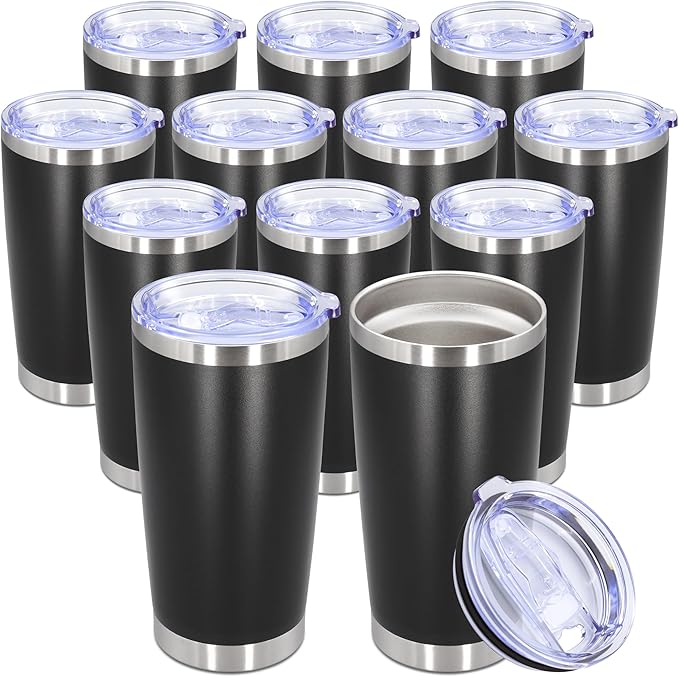 20oz Tumbler Bulk Stainless Steel Tumbler Cup with Lid Vacuum Insulated Double Wall Travel Mug, Durable Powder Coated Travel Coffee Tumbler Mug for Hot & Cold Drinks, Black,12 Pack