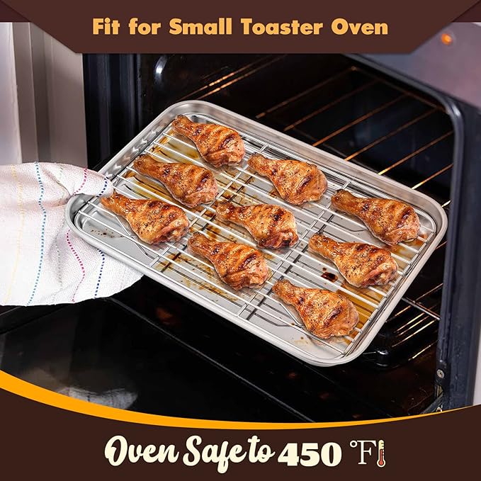 Metal Toaster Oven Tray Set, E-far 10.5”x8.3” Small Stainless Steel Baking Pan with Wire Rack for Cooking Broiling, Rimmed Metal Sheet for Roasting Cooling Cookie Bacon Steak