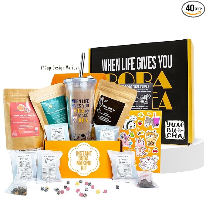 YUMBUCHA Instant Boba Making Kit - A Complete Set for Boba Tea Lovers - 30 Drinks, Reusable Cup & Straw, Tapioca Pearls, and Loose Leaf Teabags - White Peach Oolong, Jasmine Green, Classic Black