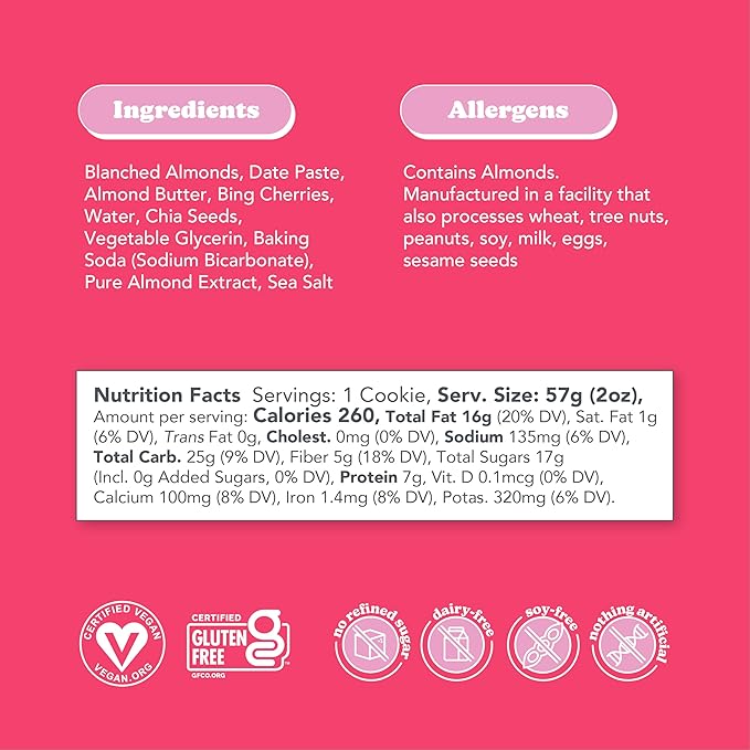 Love + Chew Superfood Soft Baked Cookies, Cherry Almond Flavor, Plant Based Cookie Made With Chia Seeds, Almonds & Cherries for Kids and Adults, Vegan Snacks, Gluten Free, Paleo, Non GMO, 60 Pack