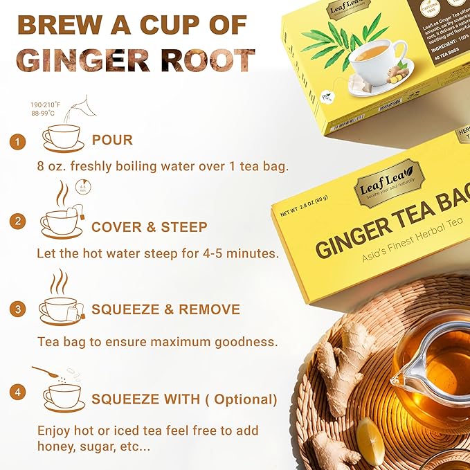 LeafLea 120 Ginger Tea Bags, 100% Pure Ginger Root Herbal Tea, Spicy & Warming Flavor, Supports Digestion & Immune Health, Individually Wrapped, Caffeine-Free, Sugar-Free, Gluten-Free, Non-GMO, Vegan